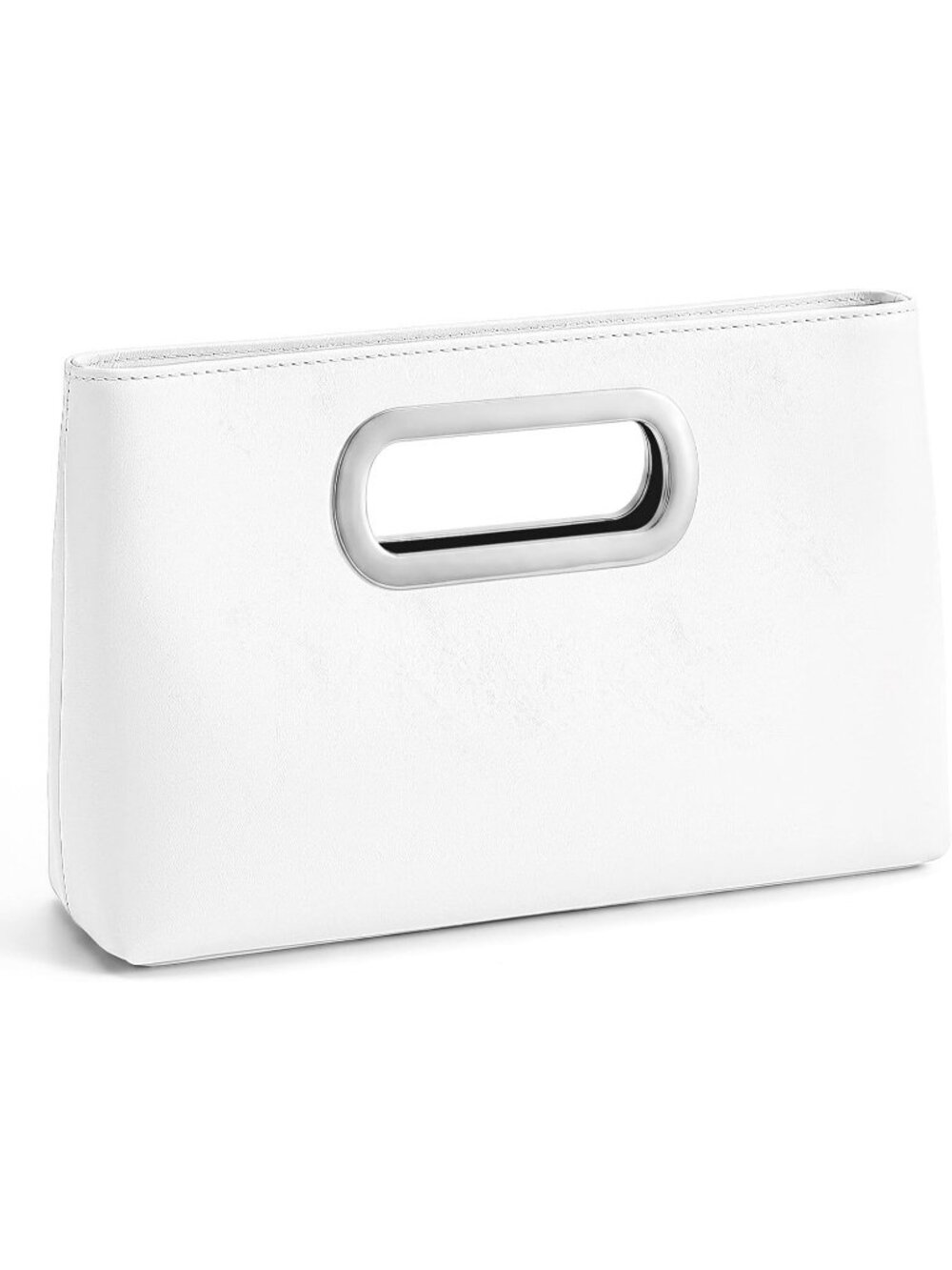 Women's White Clutch Handbag Modern Faux Leather with Metal Handle Evening Bag